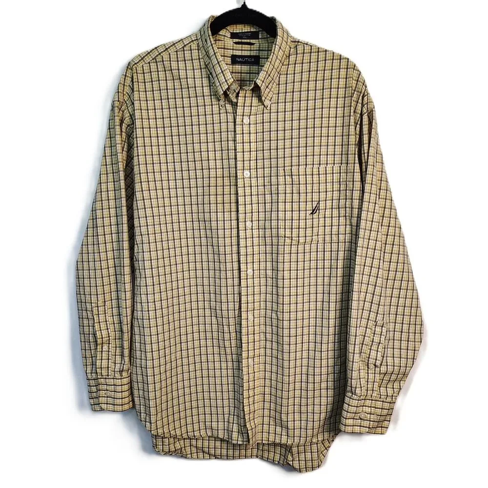 NAUTICA 100% Cotton Yellow Plaid Men's XL Button-Down Long Sleeve Shirt